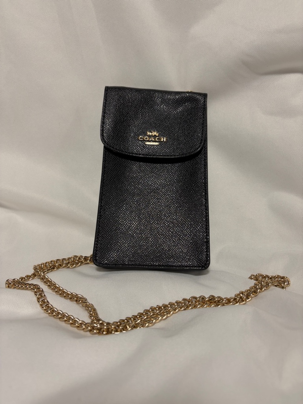 Coach Black Leather Phone Crossbody with Gold Chain Strap